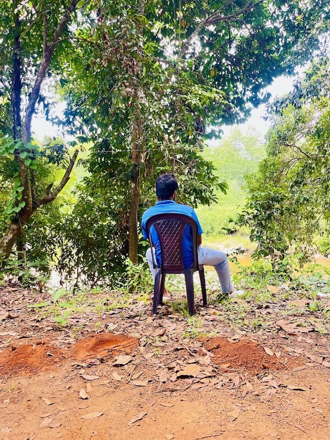 Sitting alone facing trees and water.